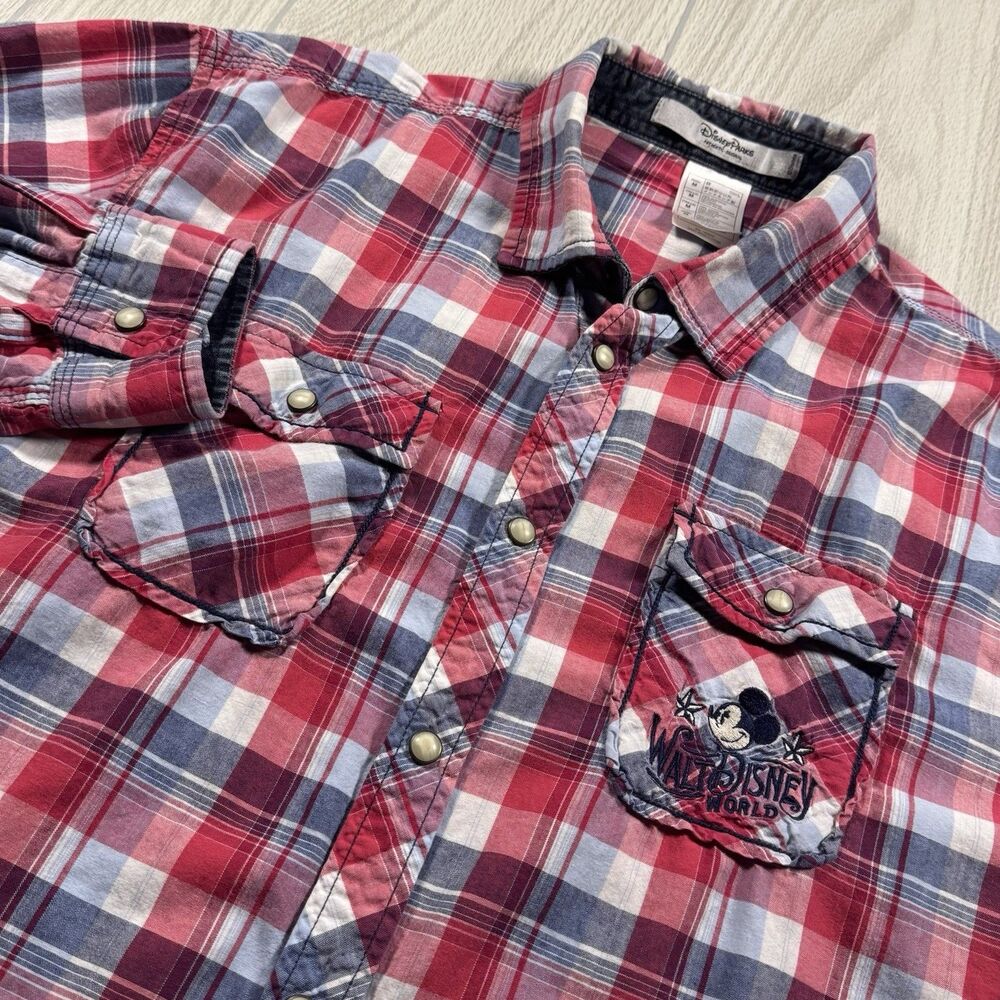 Disney Parks Mickey Mouse LS Pearl Snap Western Shirt Men’s M Plaid Embroidered